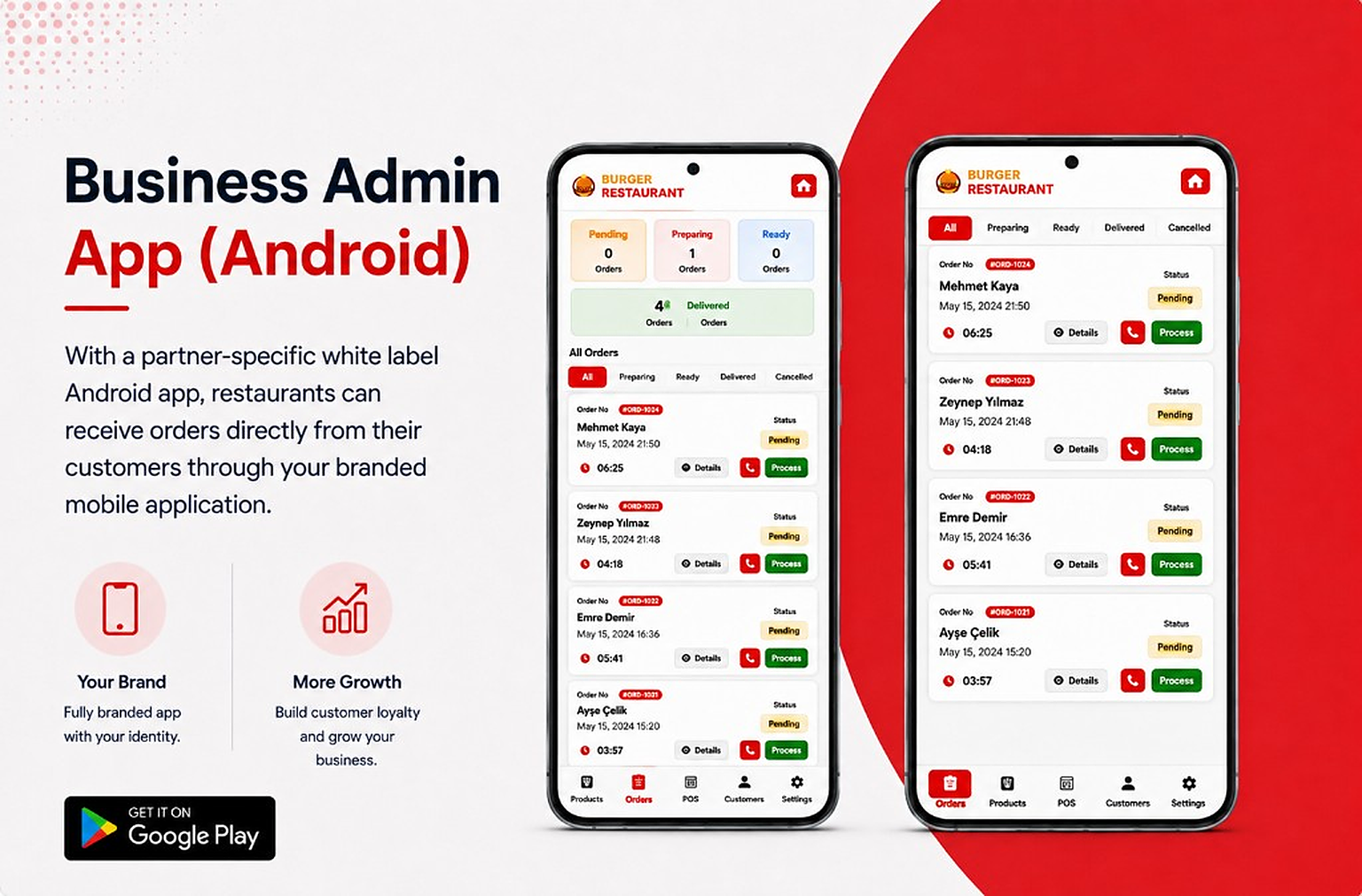 Business Admin App (Android): branded restaurant management app on Google Play.