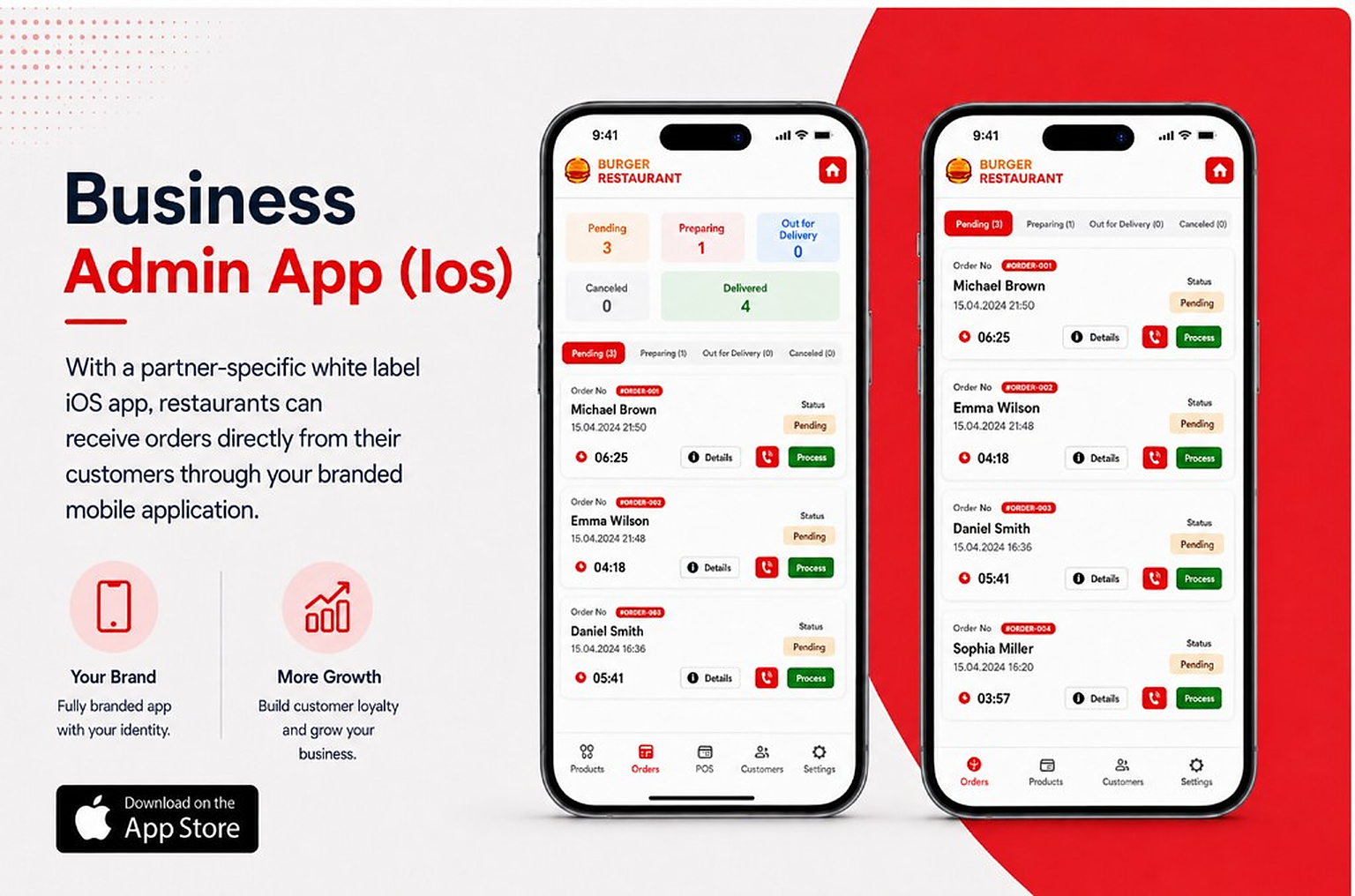 Business Admin App (Ios): branded restaurant management app on the App Store.