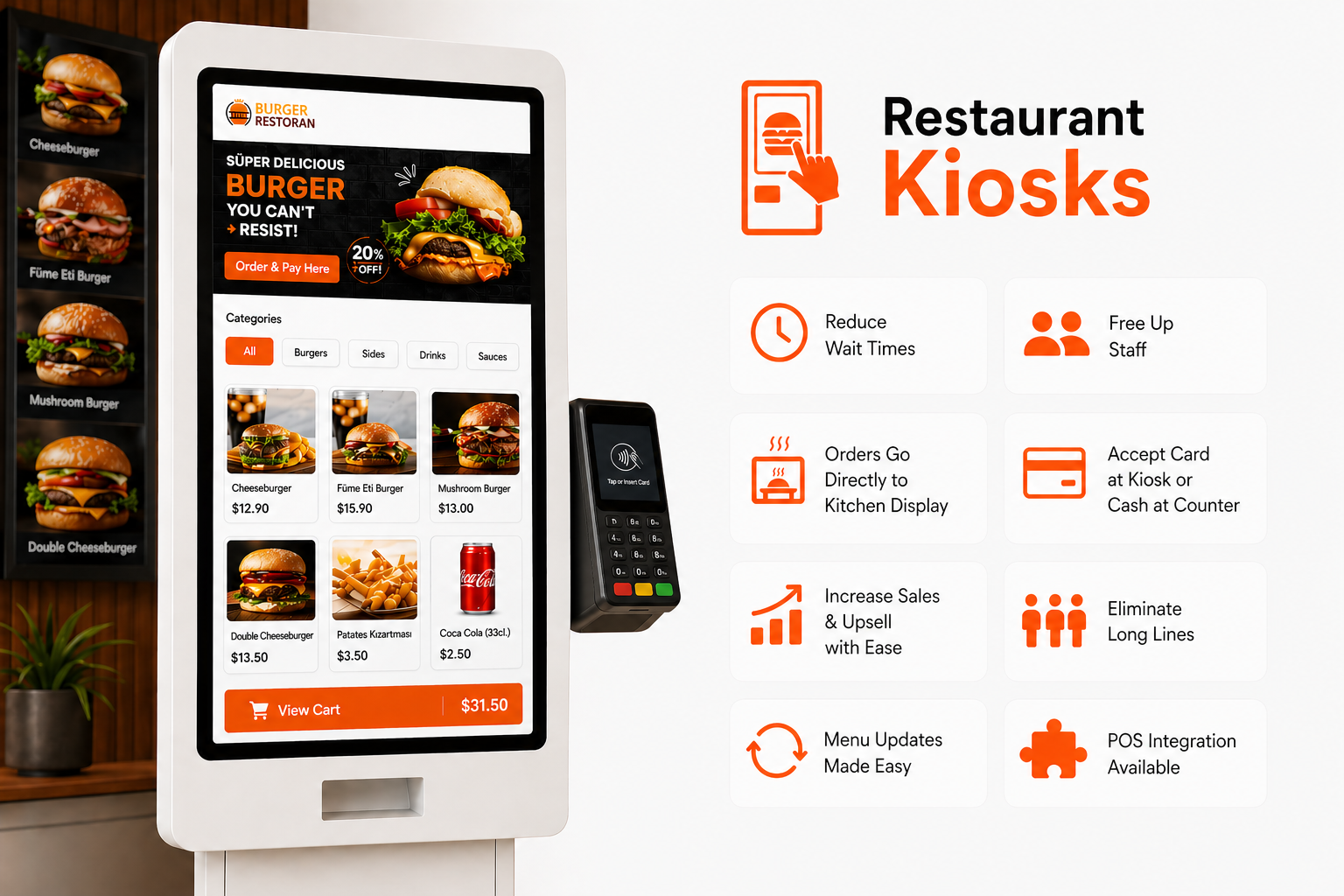 Restaurant self-ordering kiosks: ordering, payments and kitchen integration.