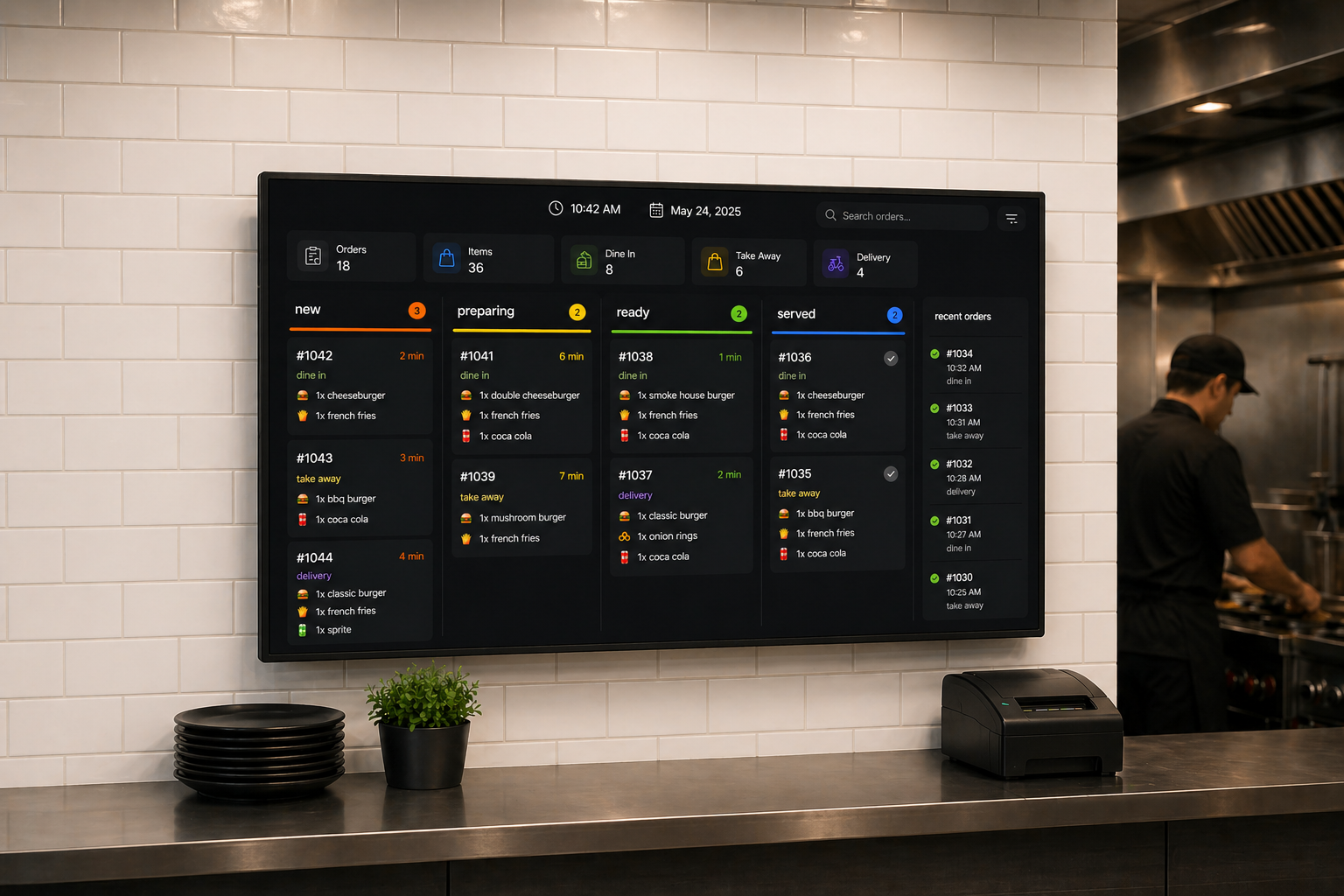 Kitchen Display System: orders from web, kiosk and POS with statuses and timers.
