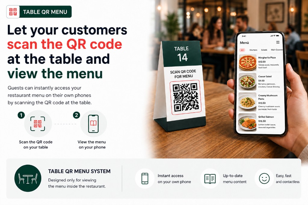 Table QR menu: guests scan the code at the table and view the menu on their phone.