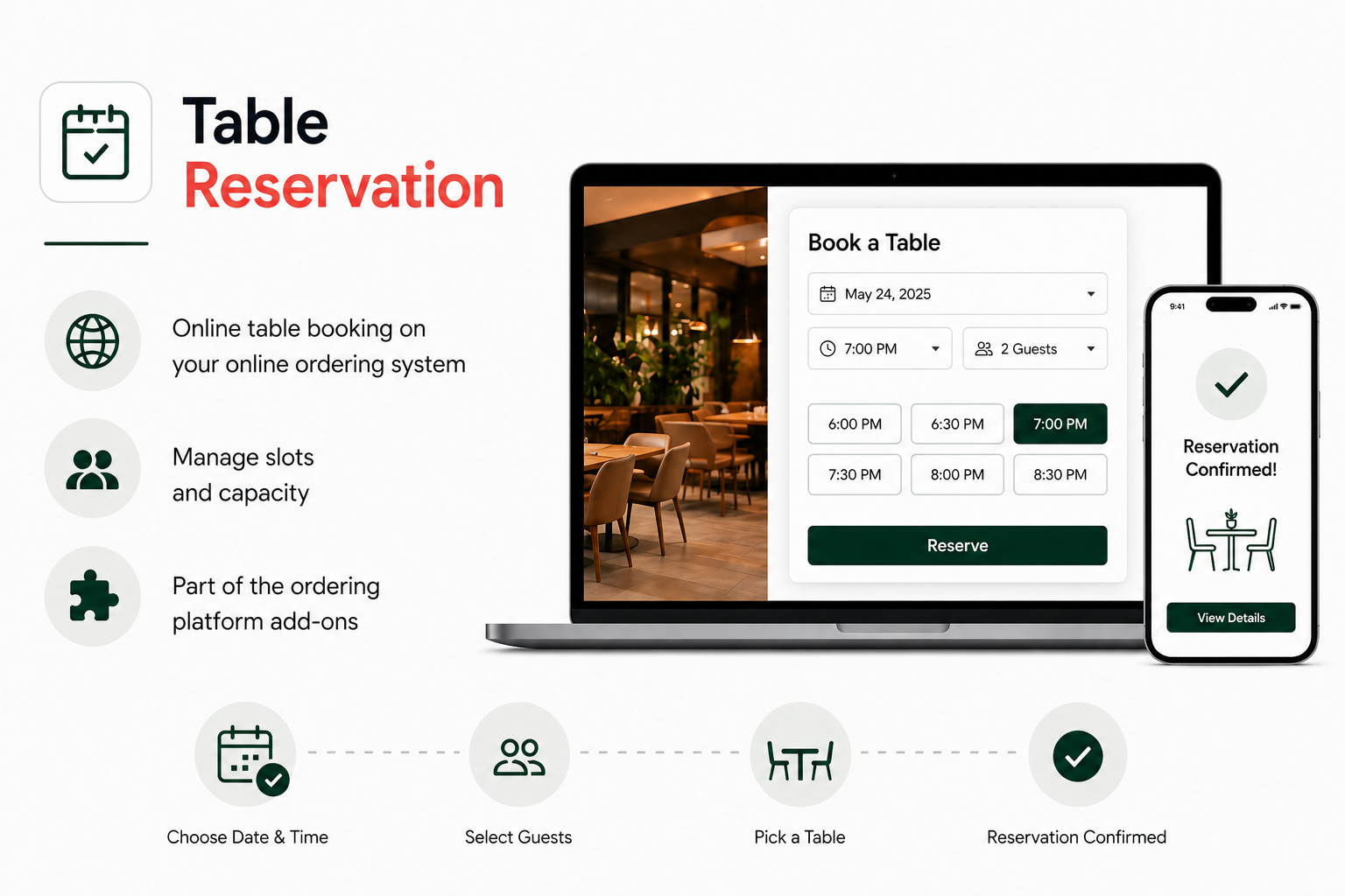Table reservation: online booking, slots and capacity for restaurants.