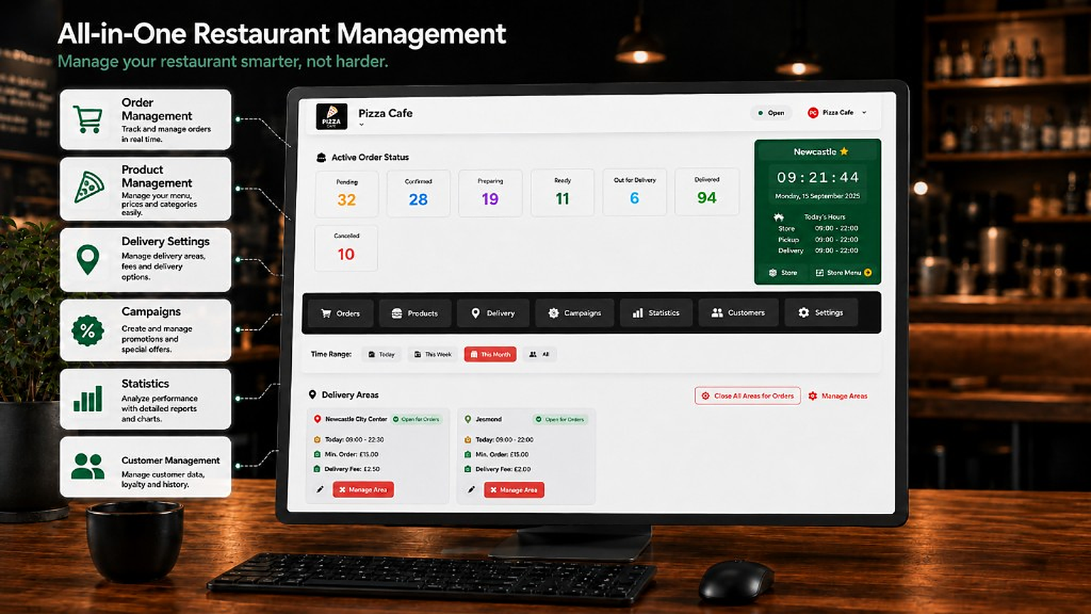 Web Management Panel: all-in-one restaurant management with orders, menu, delivery, campaigns, statistics and customers.
